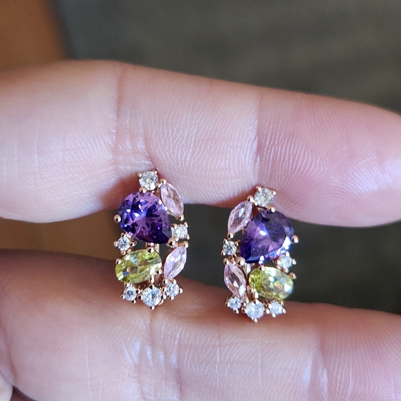 New 14K Gold Plated Amethyst Peridot Pink Sapphire Diamond Hoop Earrings - Picture 1 of 10
